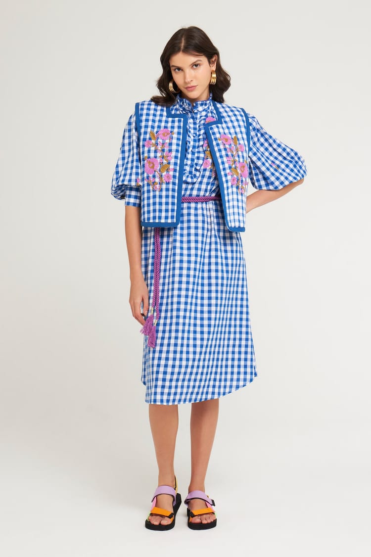 Antik Batik Robe Vichy Brodée En Coton Bleue
