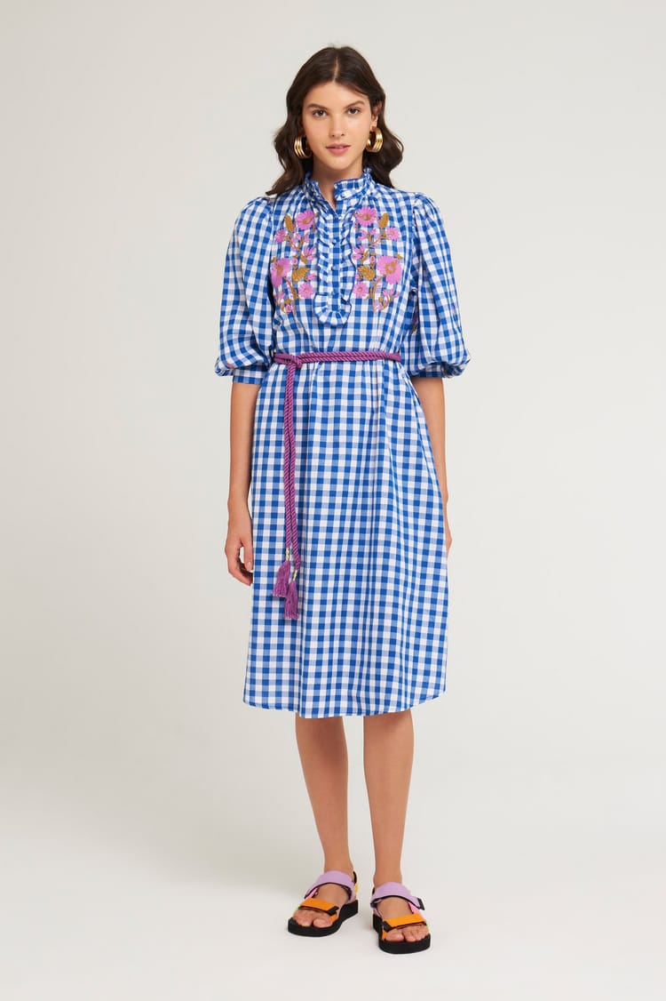 antik batik Robe Vichy brodée en Coton bleue