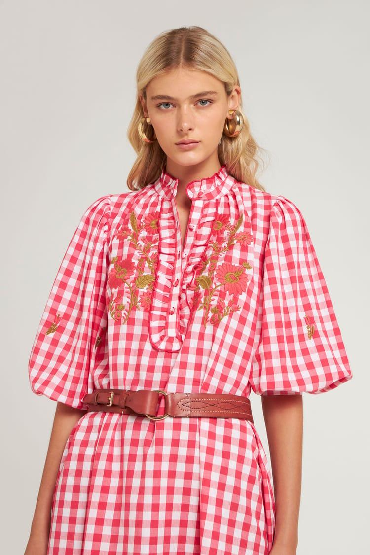 Antik Batik Robe Vichy Brodée En Coton Rouge