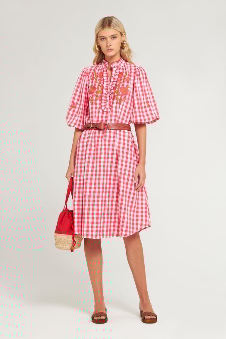 antik batik Robe Vichy brodée en Coton rouge