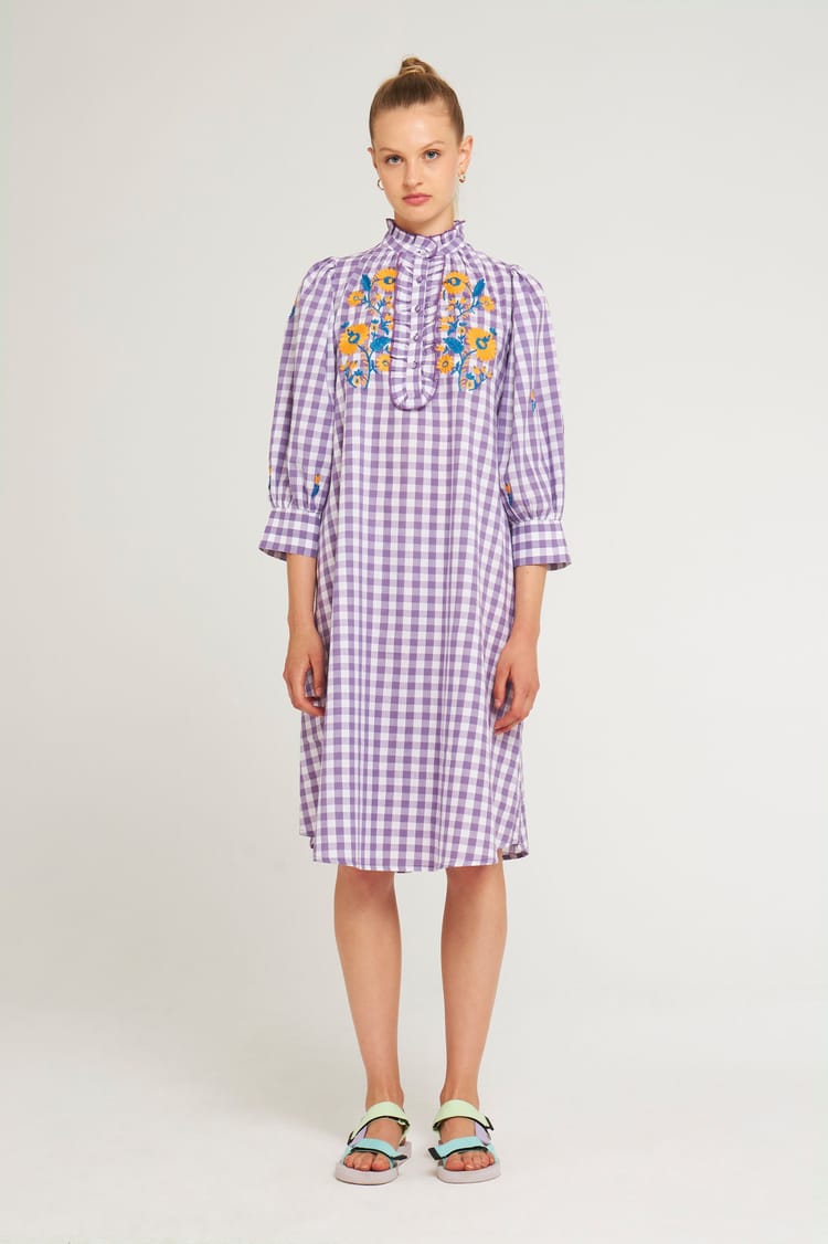 Antik Batik Robe Vichy Brodée En Coton Violet