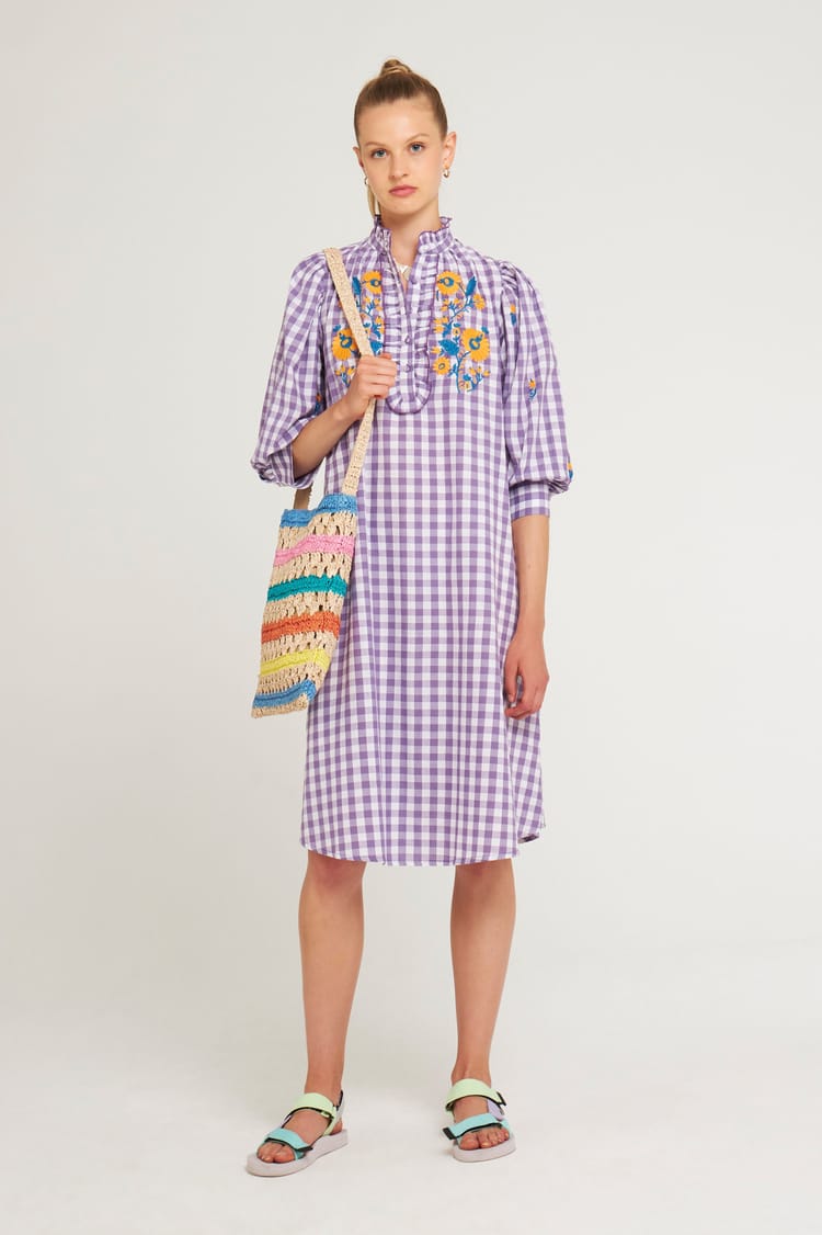 antik batik Robe Vichy brodée en Coton violet