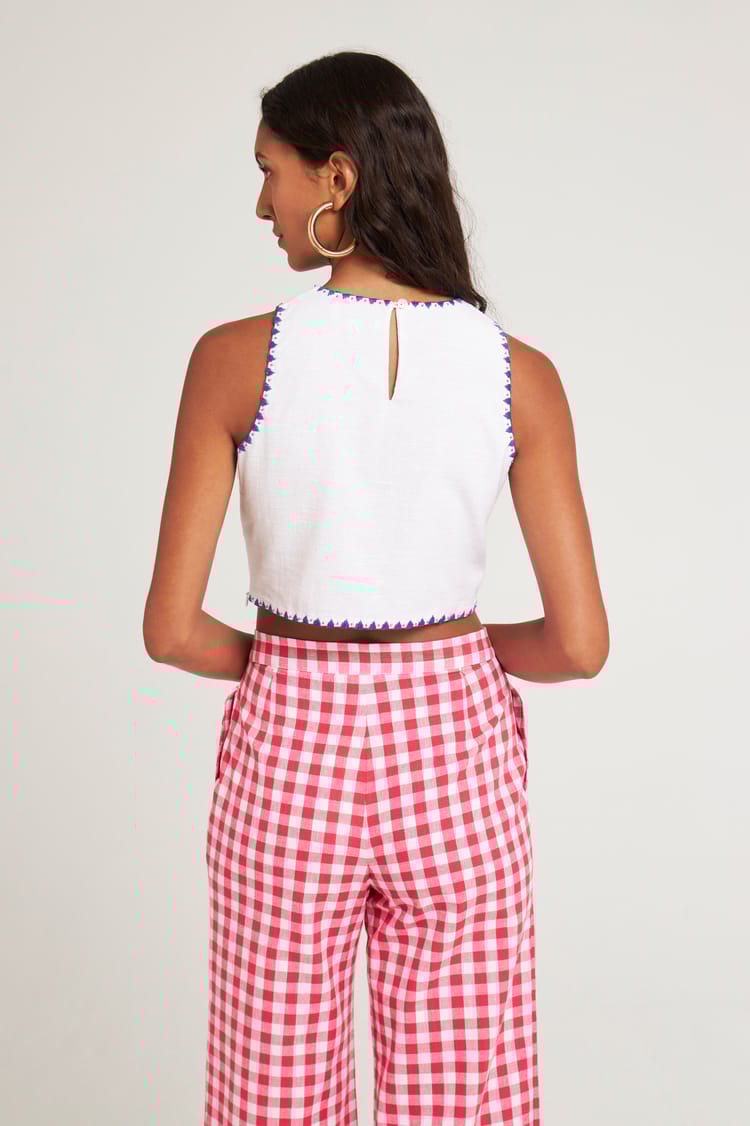 Antik Batik Top Court Brodé En Coton Blanc