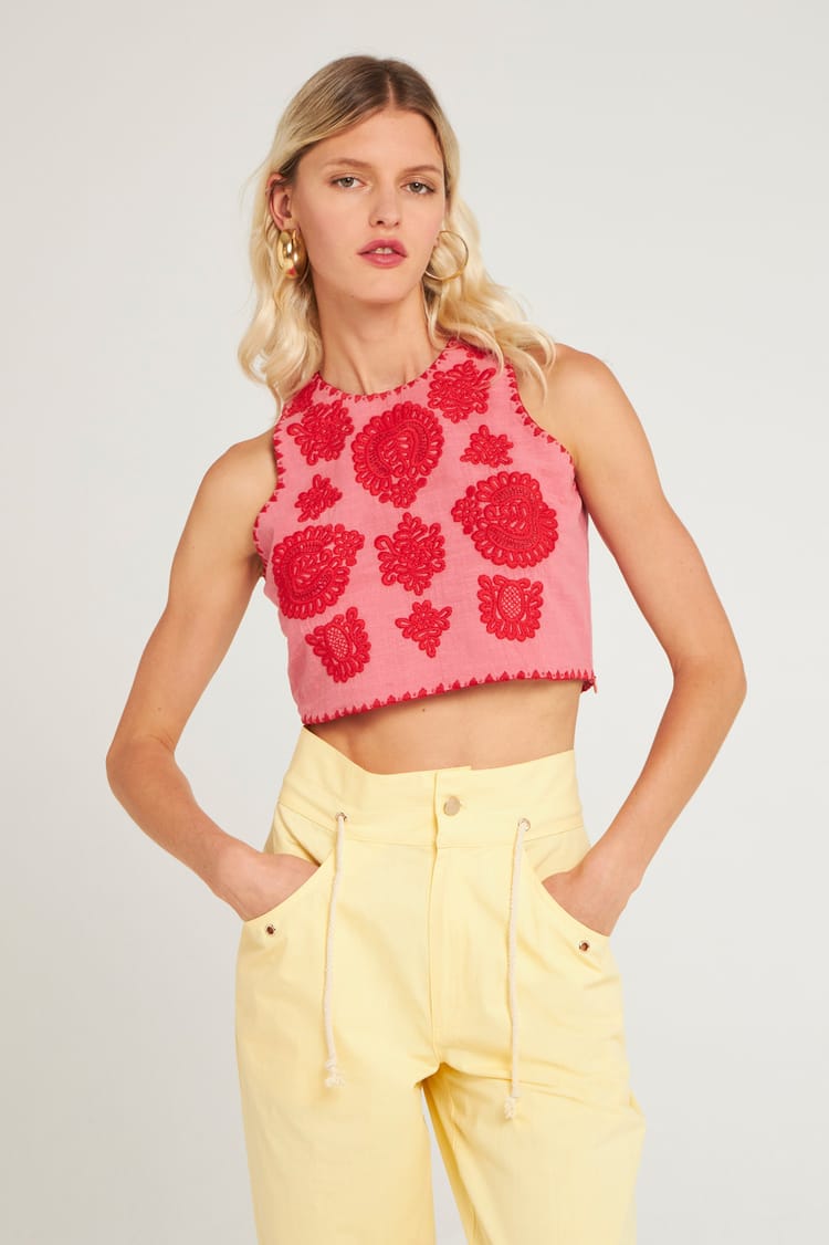 Antik Batik Top Court Brodé En Coton Corail