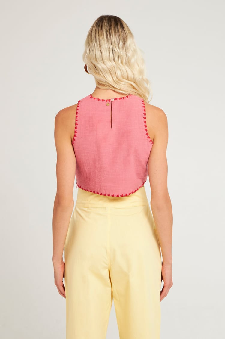 Antik Batik Top Court Brodé En Coton Corail