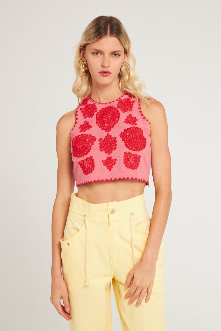 antik batik Top court brodé en Coton corail