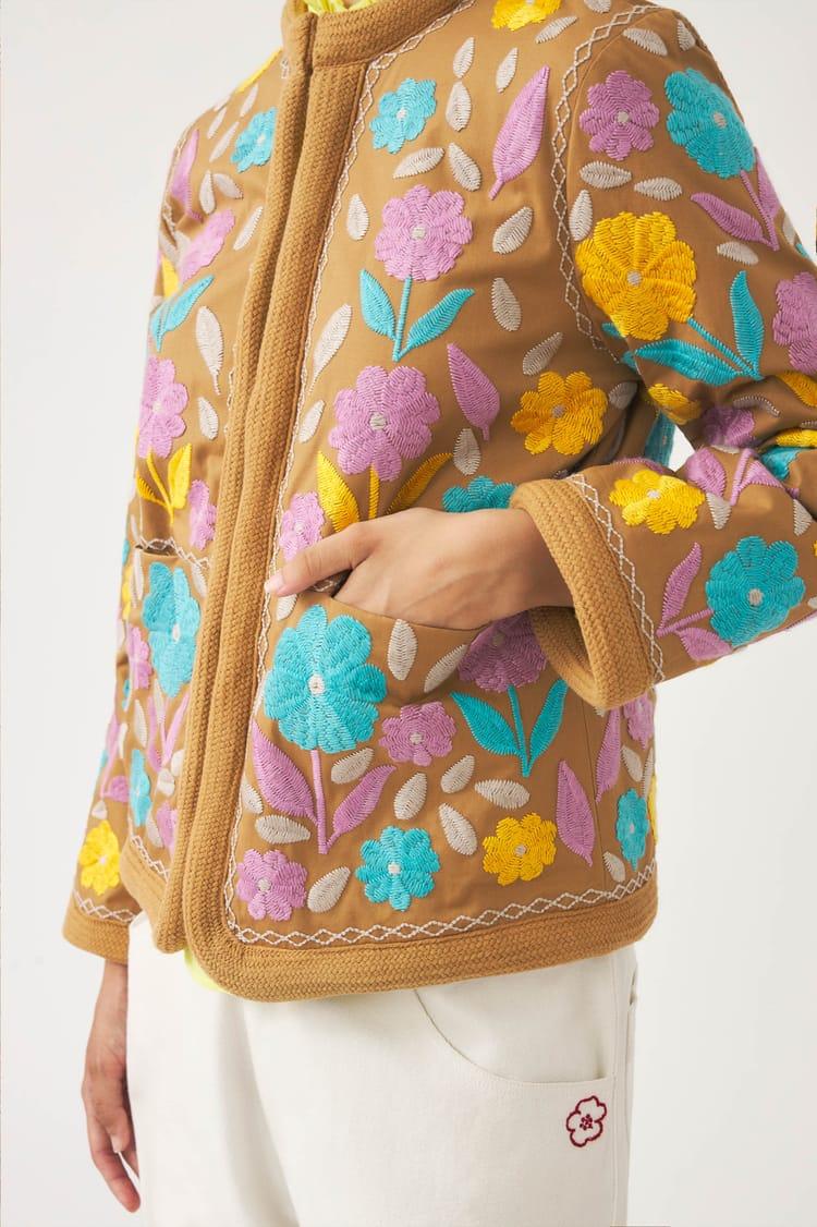 Antik Batik Veste En Coton Brodée Camel