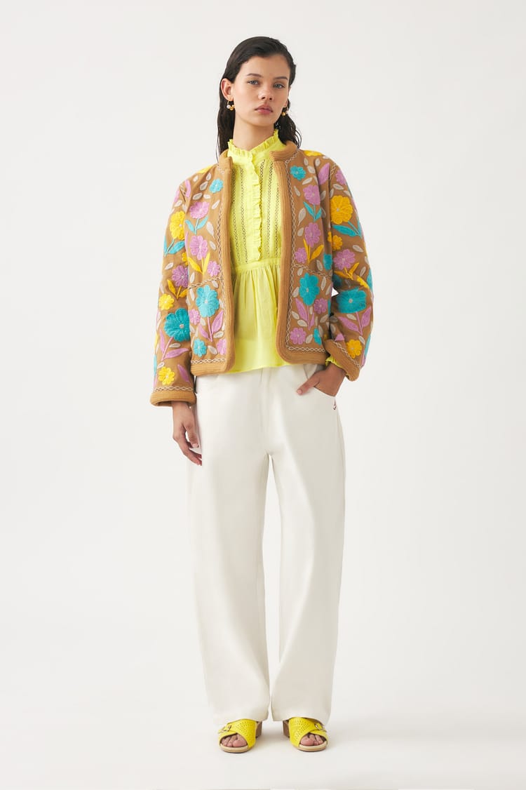 antik batik Veste en coton brodée camel