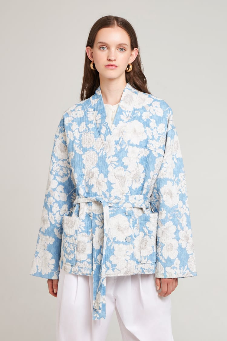 Antik Batik Veste Kimono Bleue