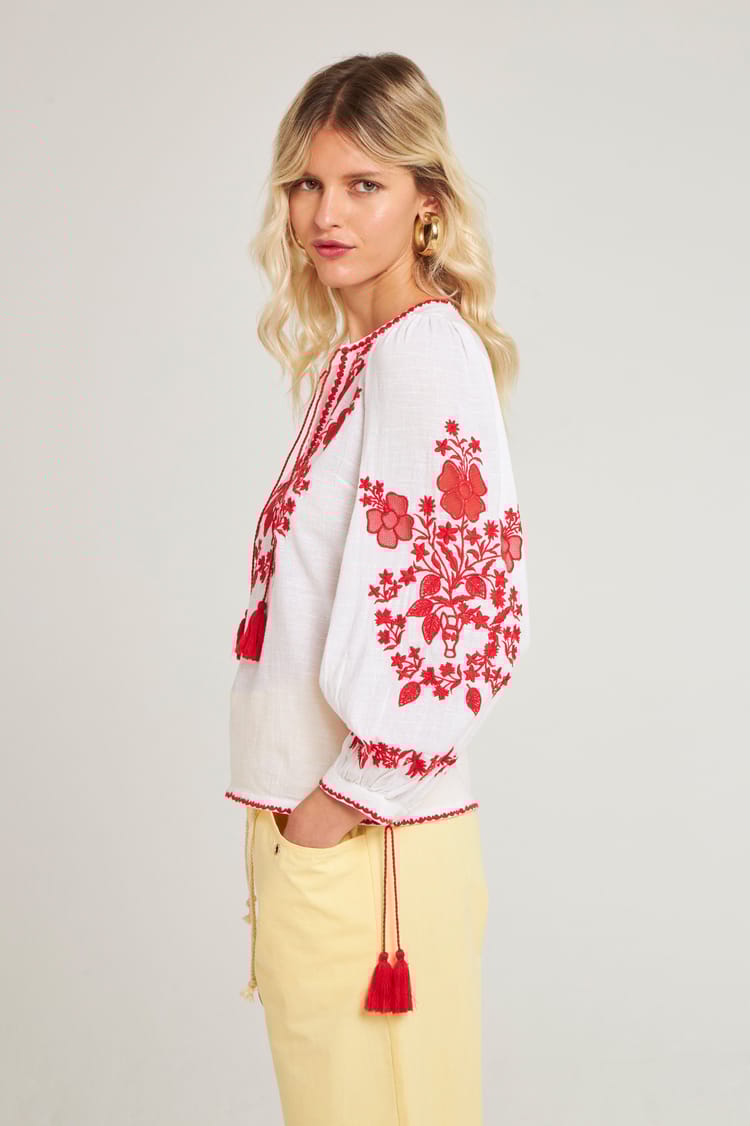 Antik Batik Blouse Blanche Avec Broderies Florales Bleues