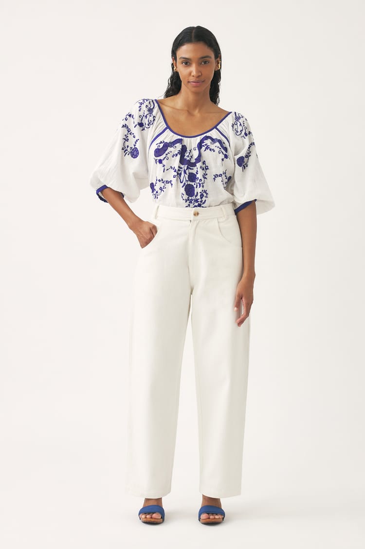 antik batik Blouse blanche en coton dobby avec des rubans bleus en coton