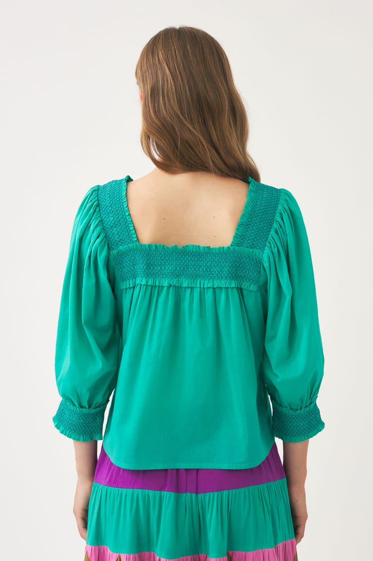 Antik Batik Blouse Bleue En Voile De Coton Avec Smock Fait à La Main