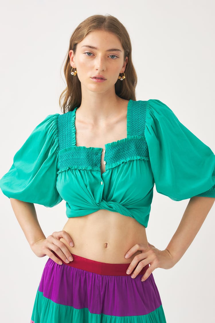 antik batik Blouse bleue en voile de coton avec smock fait à la main