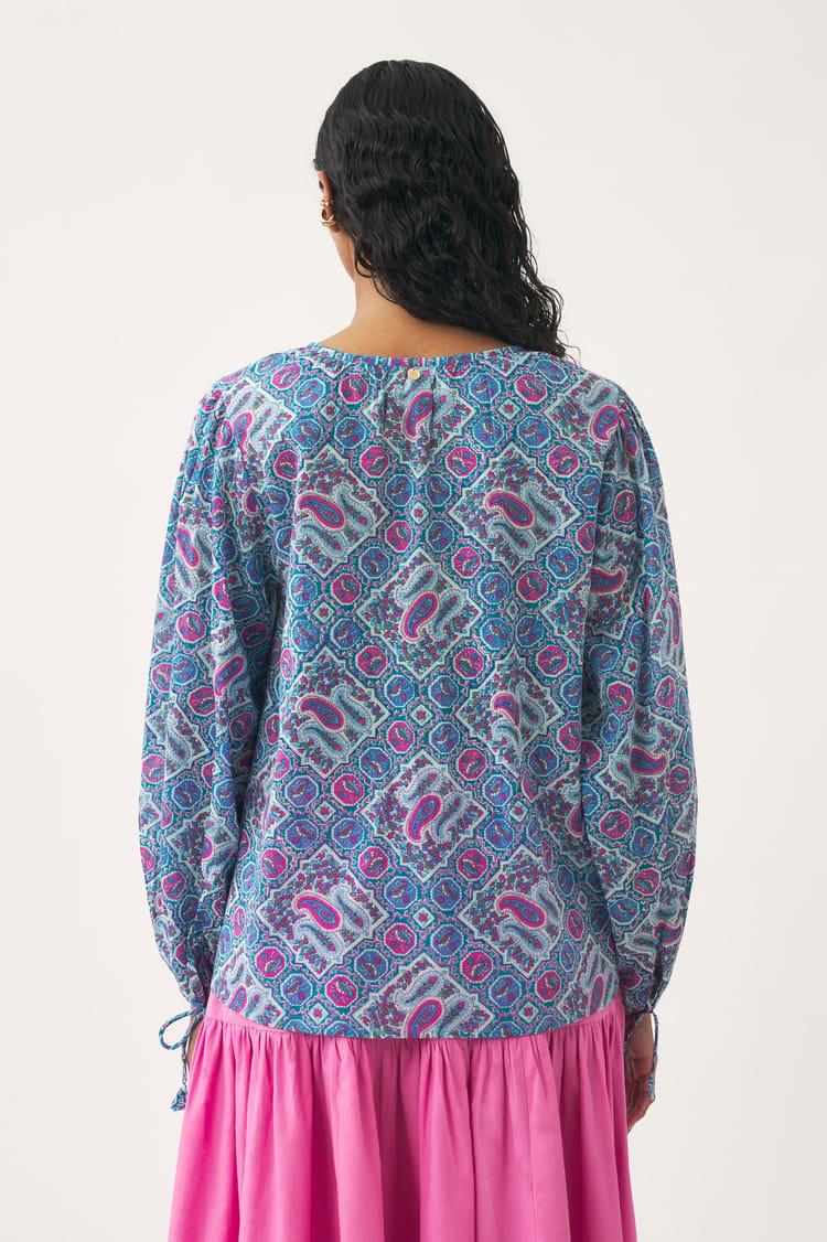 Antik Batik Blouse Bleue Voile De Coton Imprimé Au Block Print