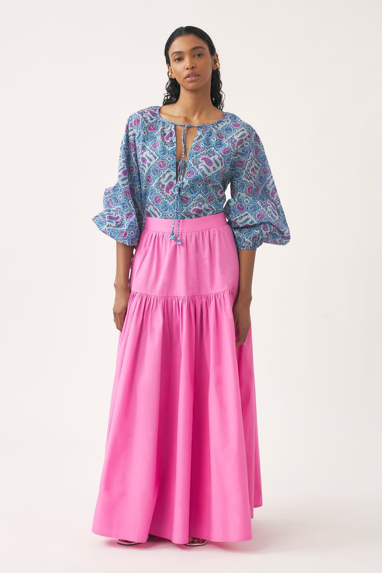 antik batik Blouse bleue voile de coton imprimé au block print