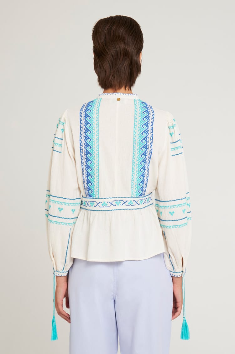 Antik Batik Blouse Cintrée Crème Brodée En Crêpe De Coton