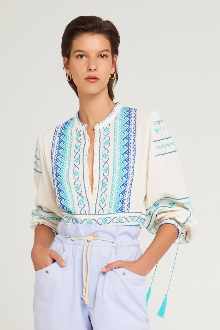 antik batik Blouse cintrée crème brodée en Crêpe de Coton