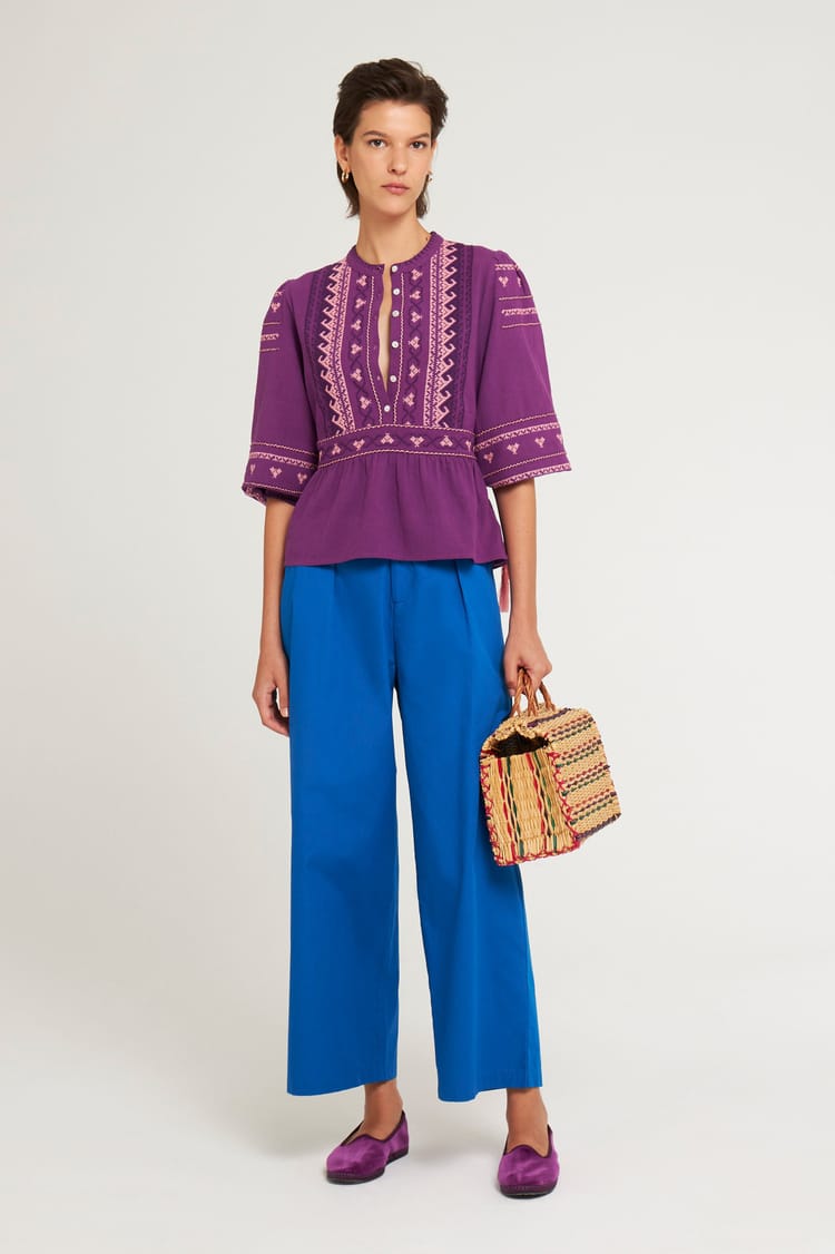 Antik Batik Blouse Cintrée Mauve Brodée En Crêpe De Coton