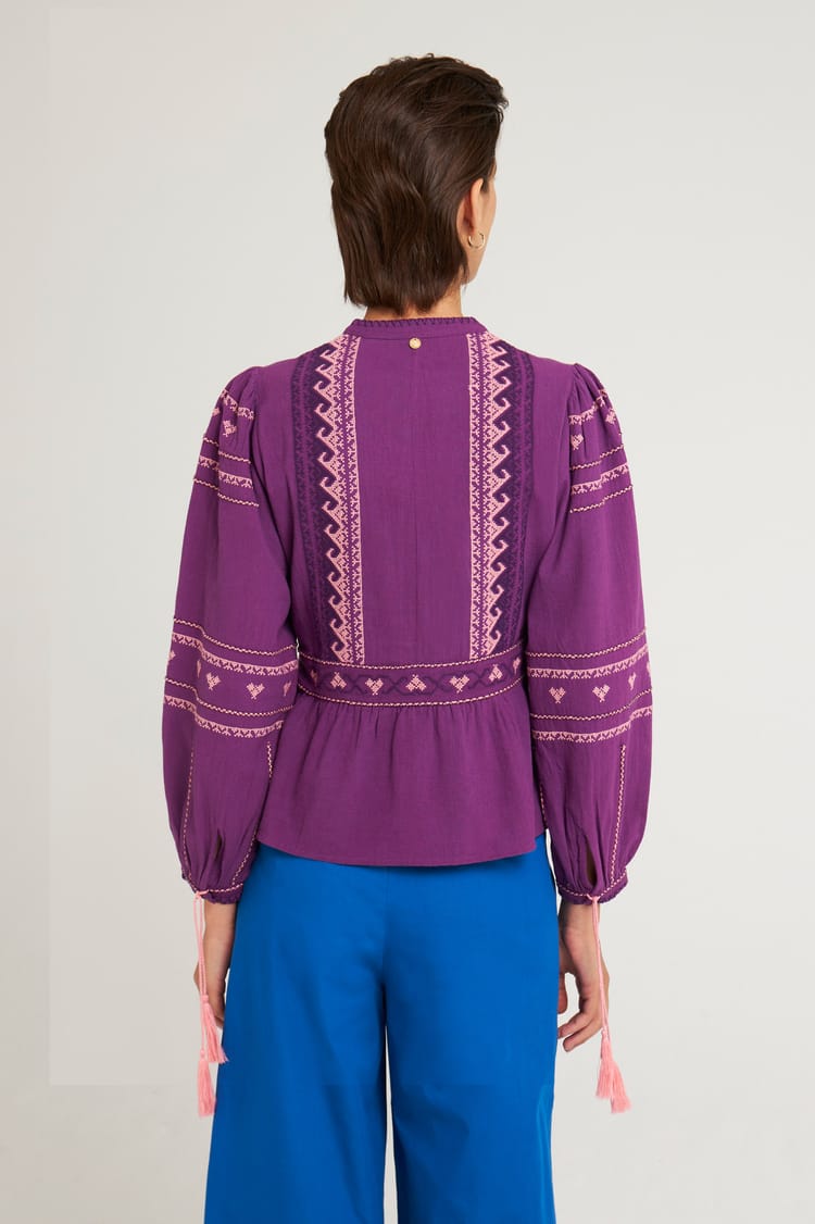 Antik Batik Blouse Cintrée Mauve Brodée En Crêpe De Coton
