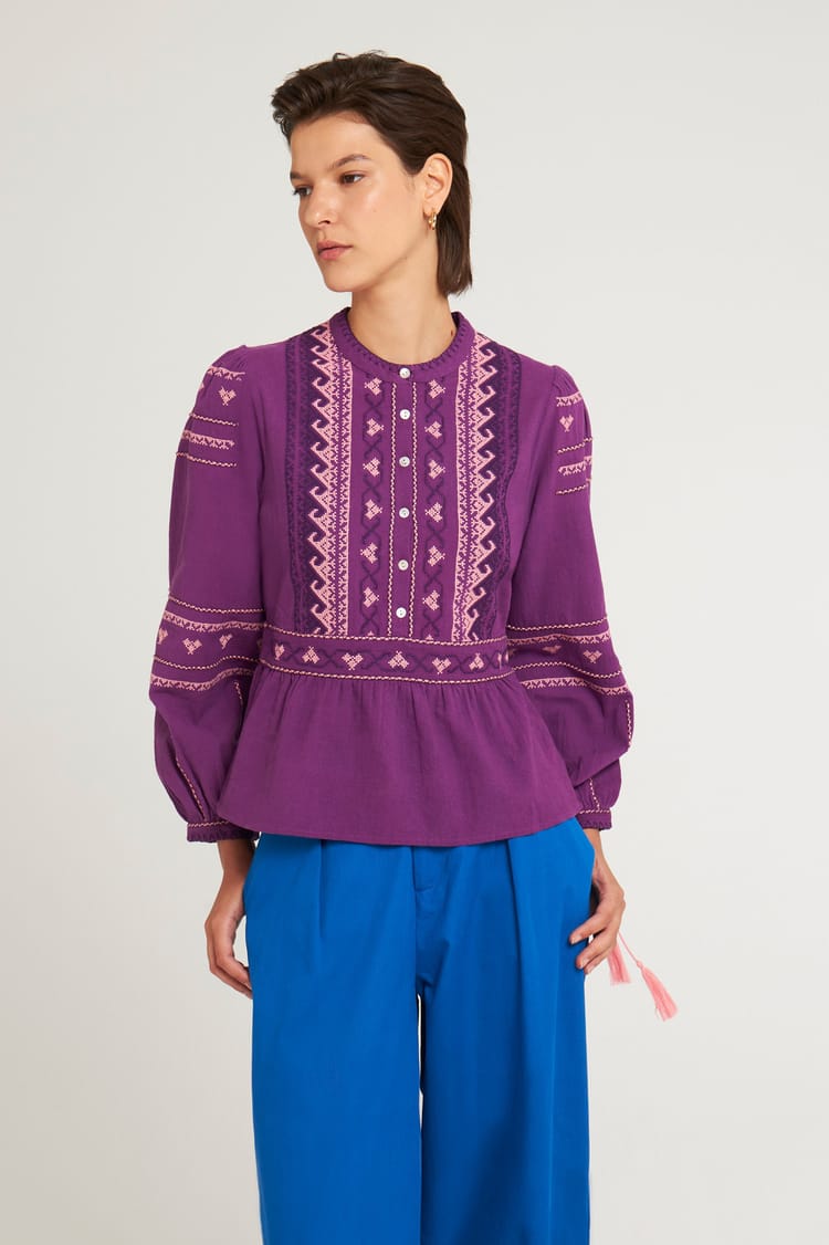 antik batik Blouse cintrée mauve brodée en Crêpe de Coton