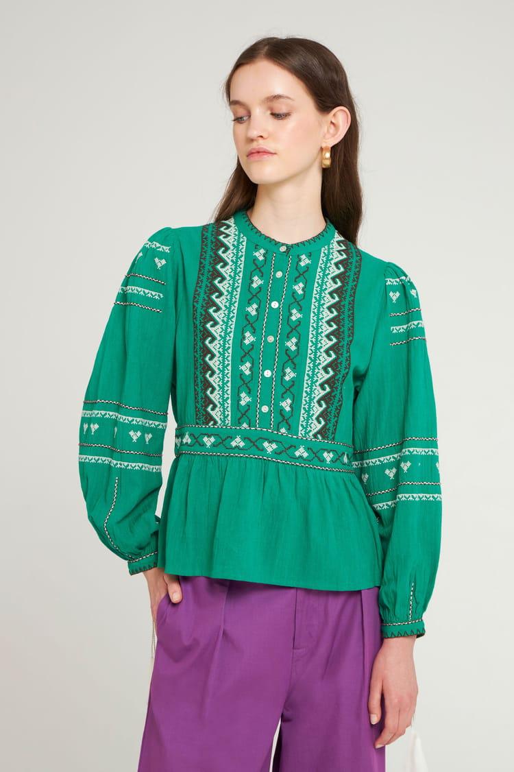 Antik Batik Blouse Cintrée Verte Brodée En Crêpe De Coton
