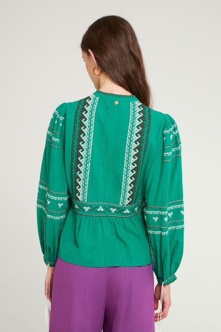 Antik Batik Blouse Cintrée Verte Brodée En Crêpe De Coton