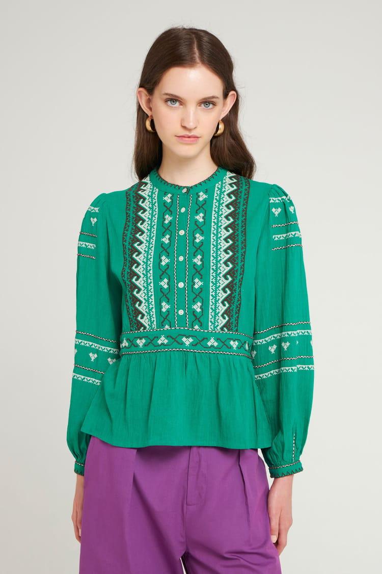 antik batik Blouse cintrée verte brodée en Crêpe de Coton