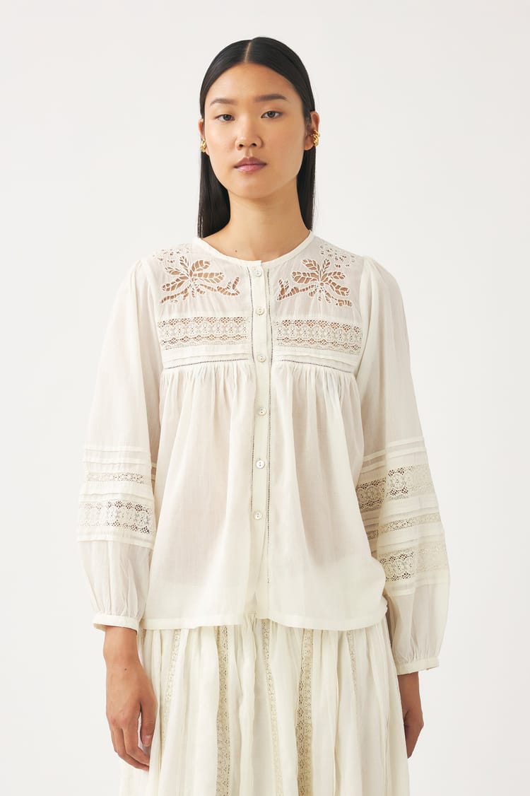 Antik Batik Blouse Crème Ajourée Voile De Coton Incrustée De Dentelle
