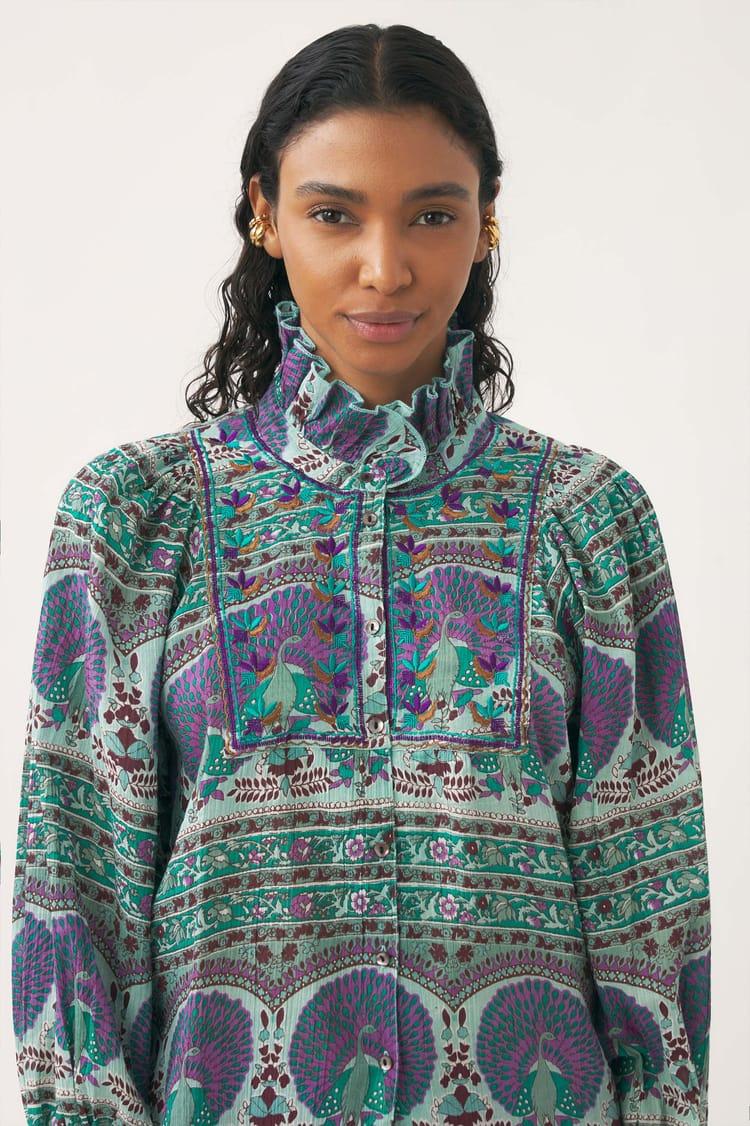 Antik Batik Blouse En Voile De Coton Avec Imprimé Paon