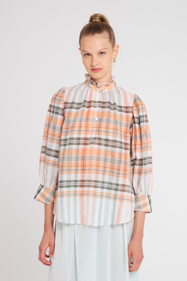 Antik Batik Blouse Grosses Rayures Dans Les Tons Orangés