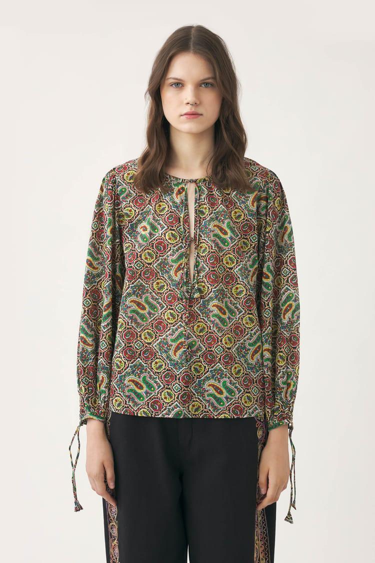 Antik Batik Blouse Kaki Voile De Coton Imprimé Au Block Print