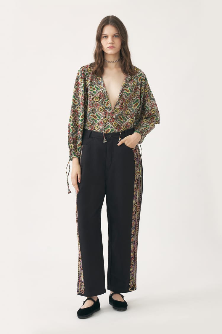 antik batik Blouse kaki voile de coton imprimé au block print