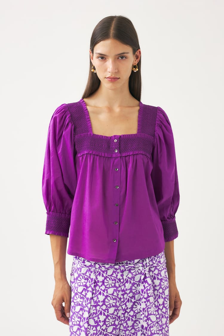Antik Batik Blouse Prune En Voile De Coton Avec Smock Fait à La Main