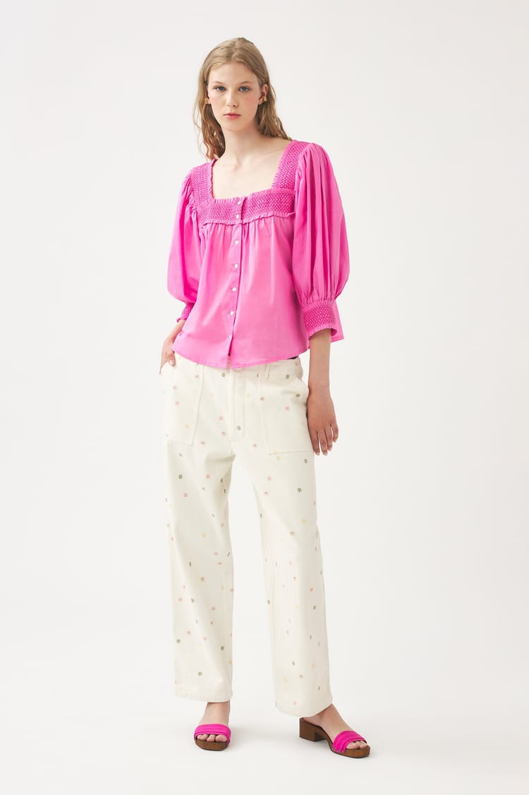 Antik Batik Blouse Rose En Voile De Coton Avec Smock Fait à La Main