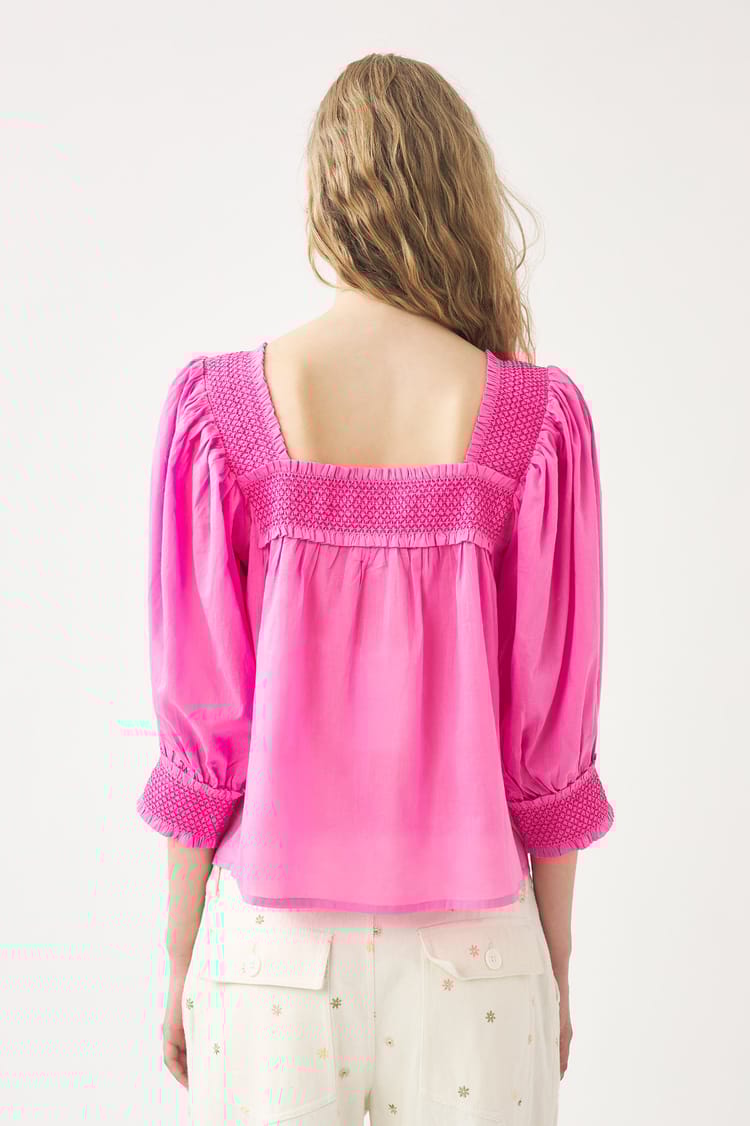 Antik Batik Blouse Rose En Voile De Coton Avec Smock Fait à La Main