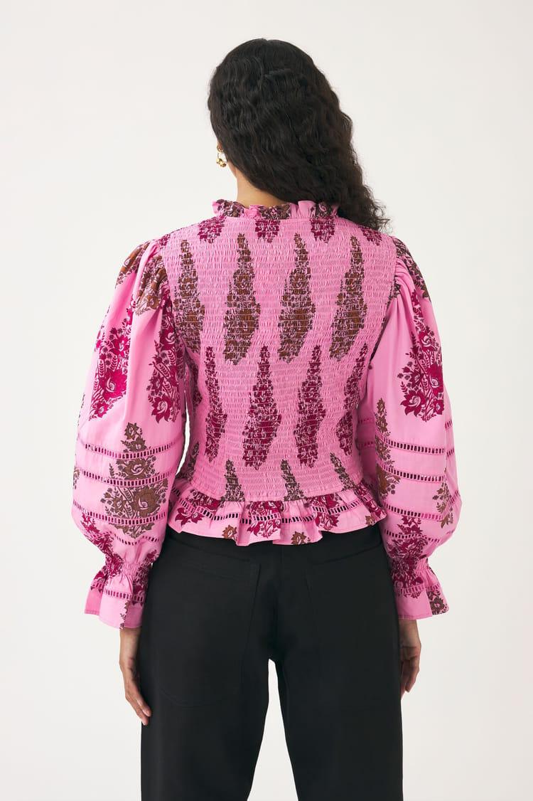 Antik Batik Blouse Rose Smockée Et Imprimée En Popeline De Coton