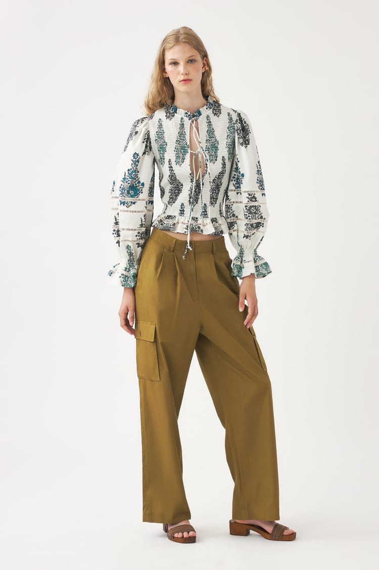 Antik Batik Blouse Rose Smockée Et Imprimée En Popeline De Coton