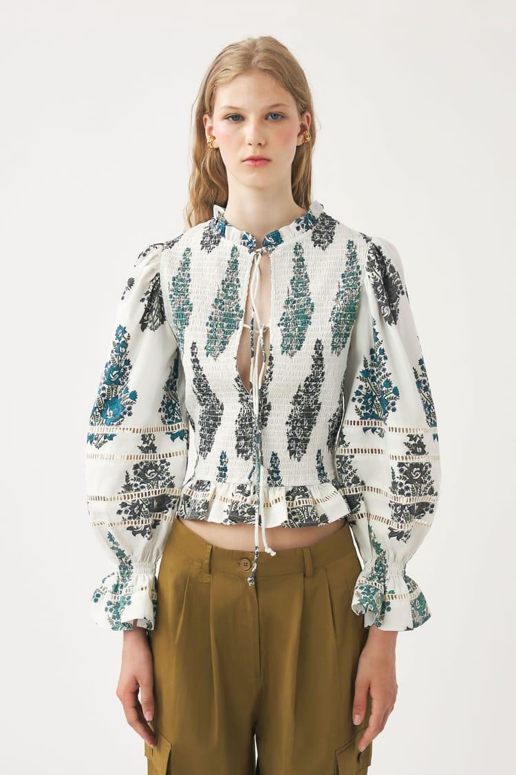 Antik Batik Blouse Rose Smockée Et Imprimée En Popeline De Coton