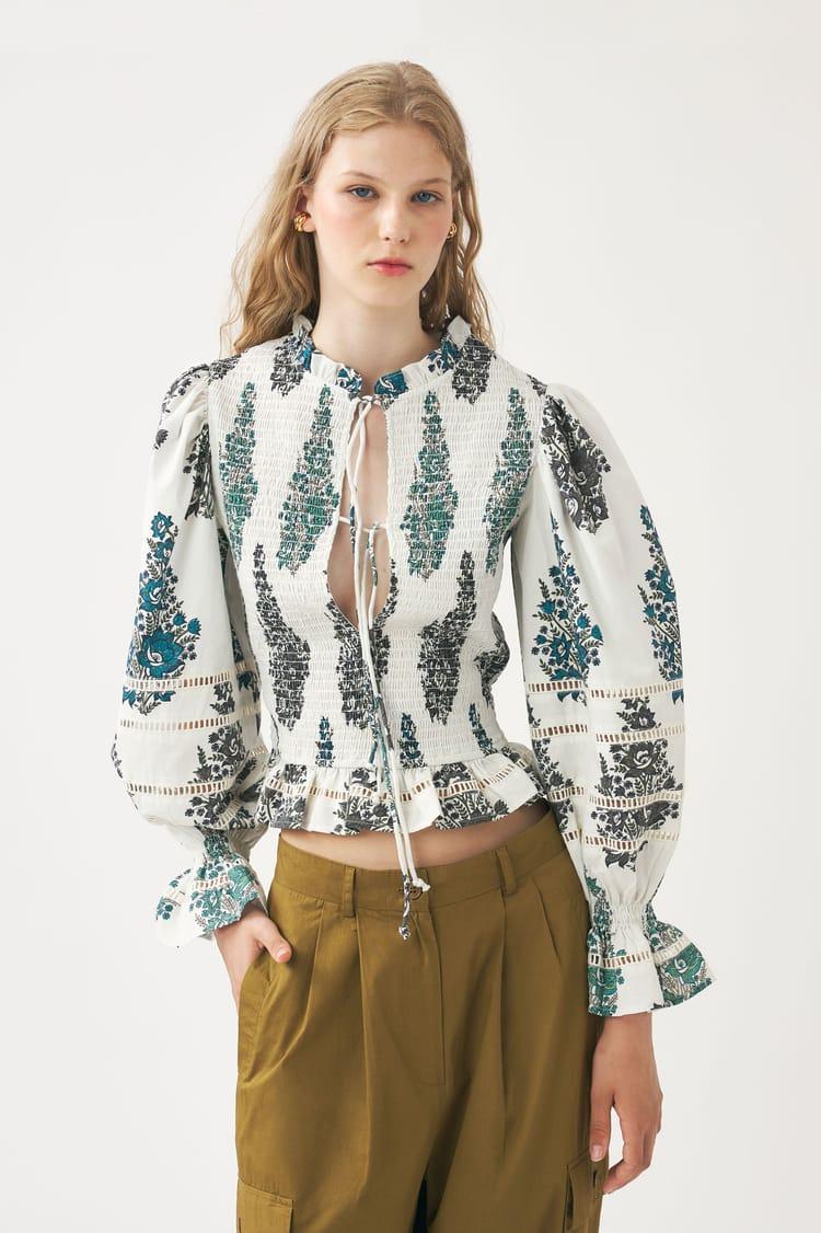 antik batik Blouse rose smockée et imprimée en popeline de coton