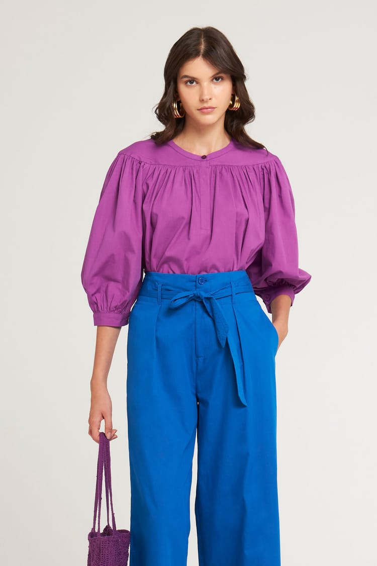 antik batik Blouse rouge-violet ample en Popeline de Coton