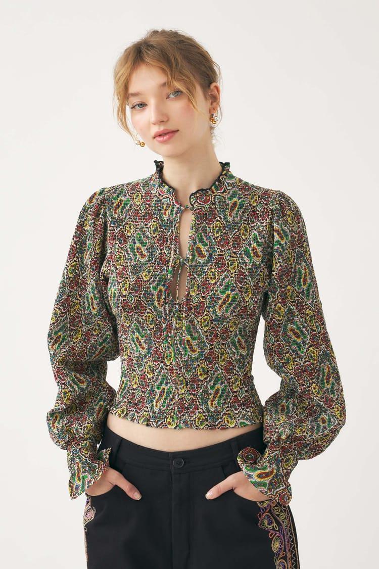 Antik Batik Blouse Smockée Kaki Voile De Coton Imprimé Au Block Print