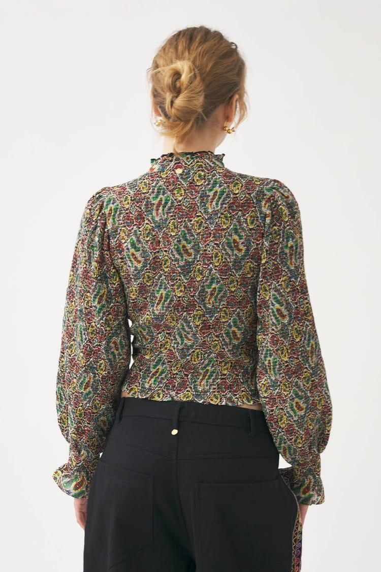Antik Batik Blouse Smockée Kaki Voile De Coton Imprimé Au Block Print