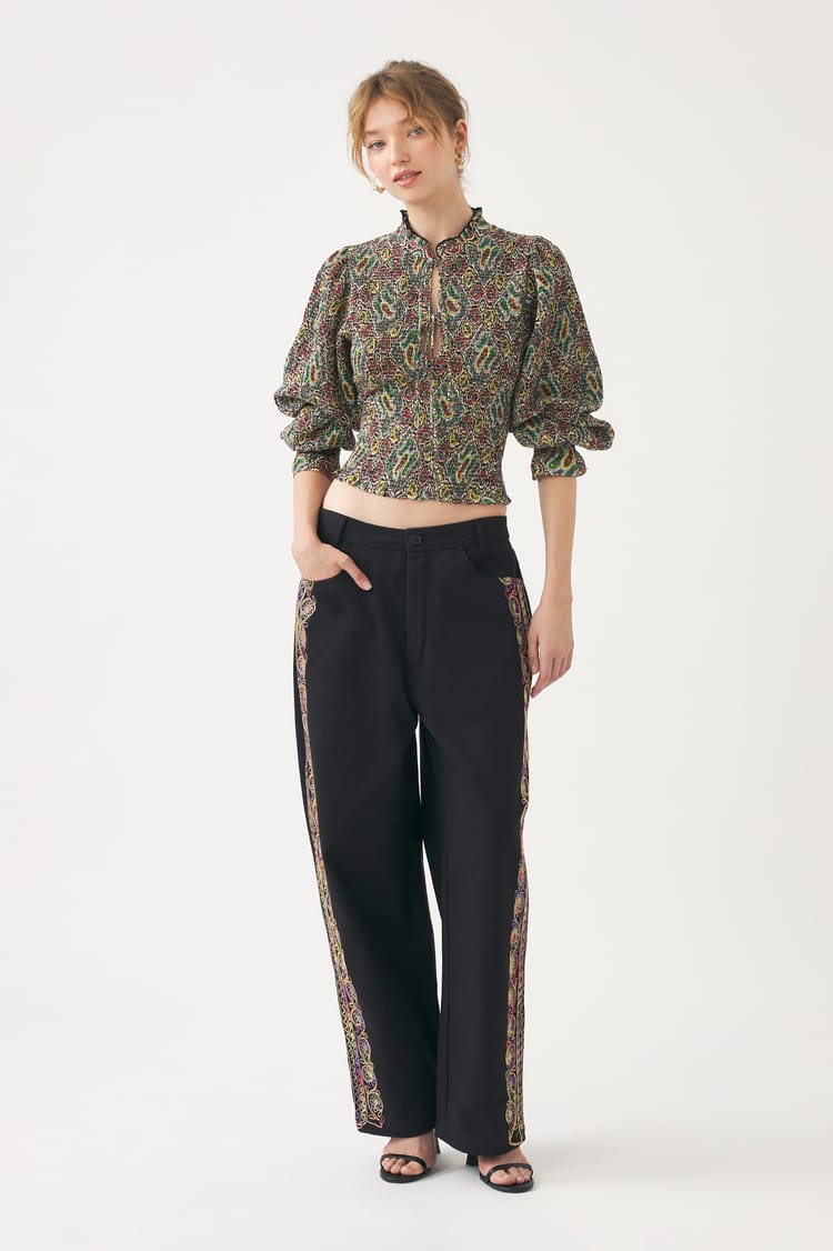 antik batik Blouse smockée kaki voile de coton imprimé au block print