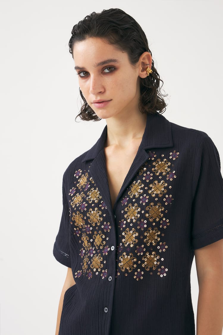 Antik Batik Chemisier Bleu Nuit En Crêpe De Coton Broderie Perles Et Paillettes