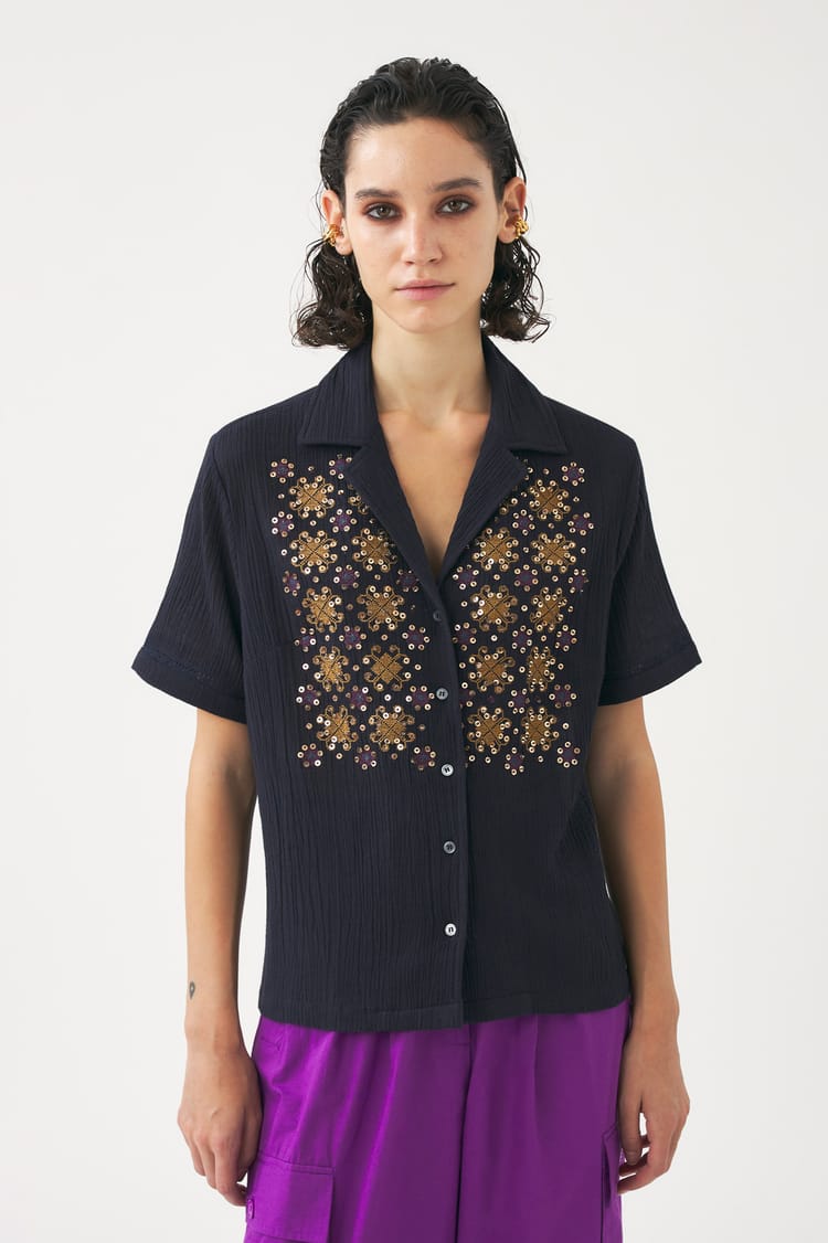 Antik Batik Chemisier Bleu Nuit En Crêpe De Coton Broderie Perles Et Paillettes