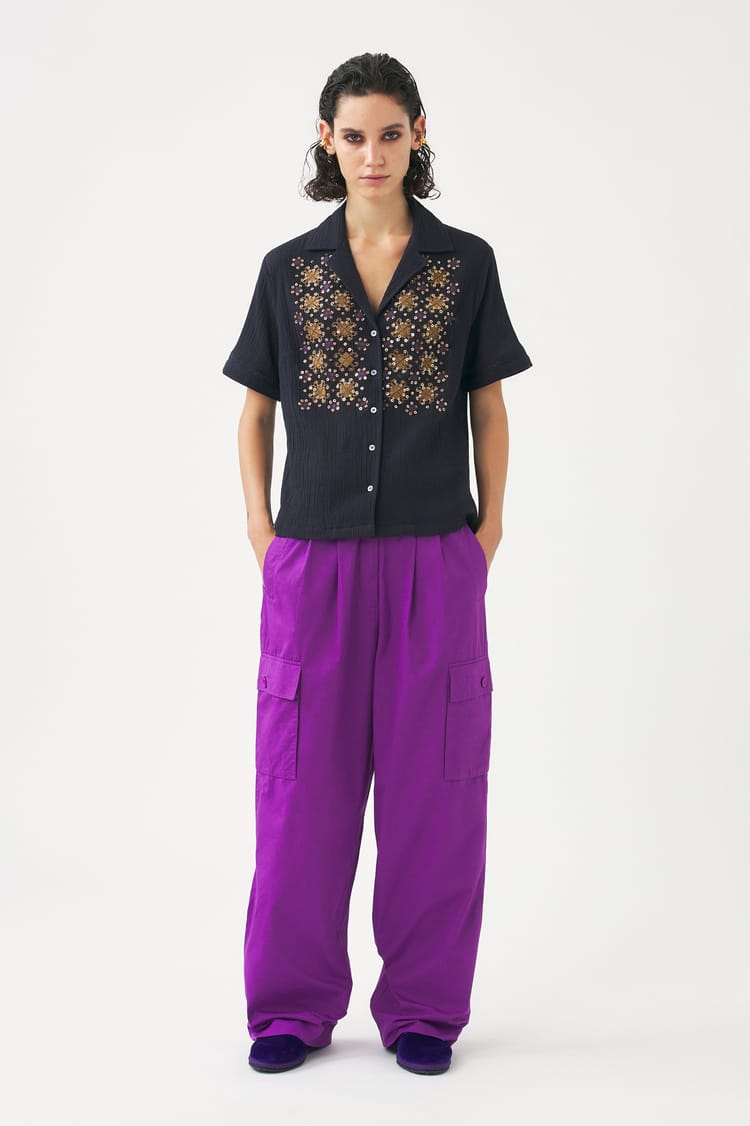 antik batik Chemisier bleu nuit en Crêpe de Coton broderie perles et paillettes