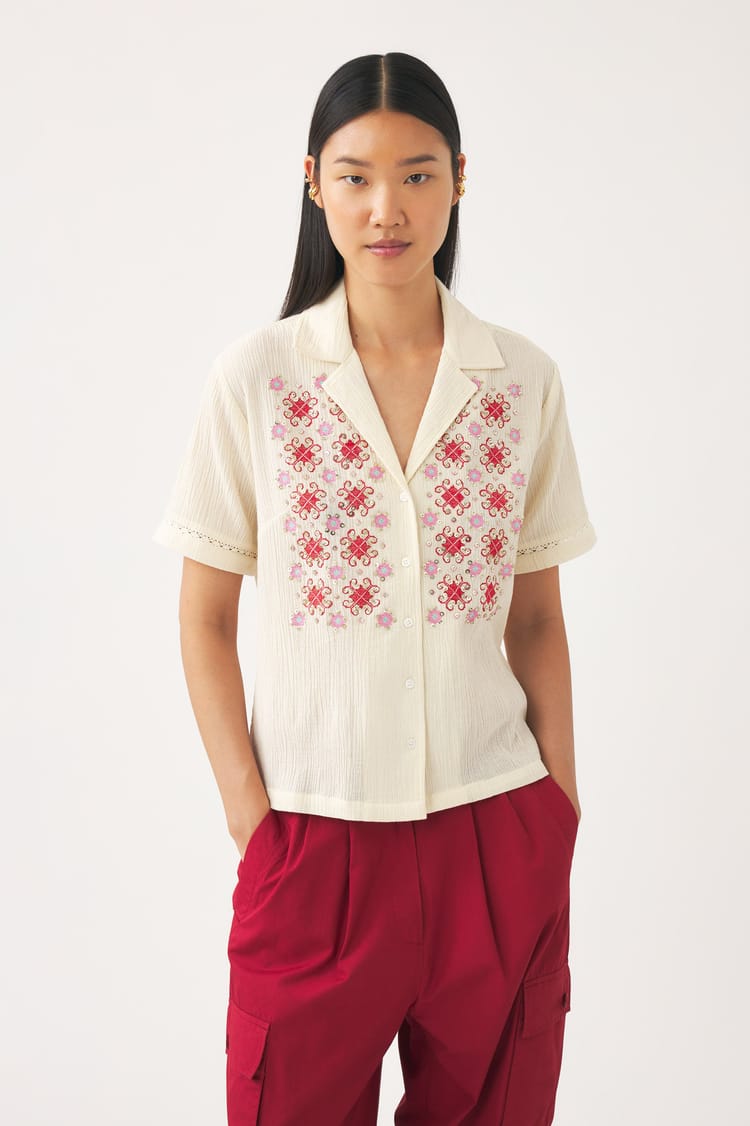 Antik Batik Chemisier Crème En Crêpe De Coton Broderie Perles Et Paillettes