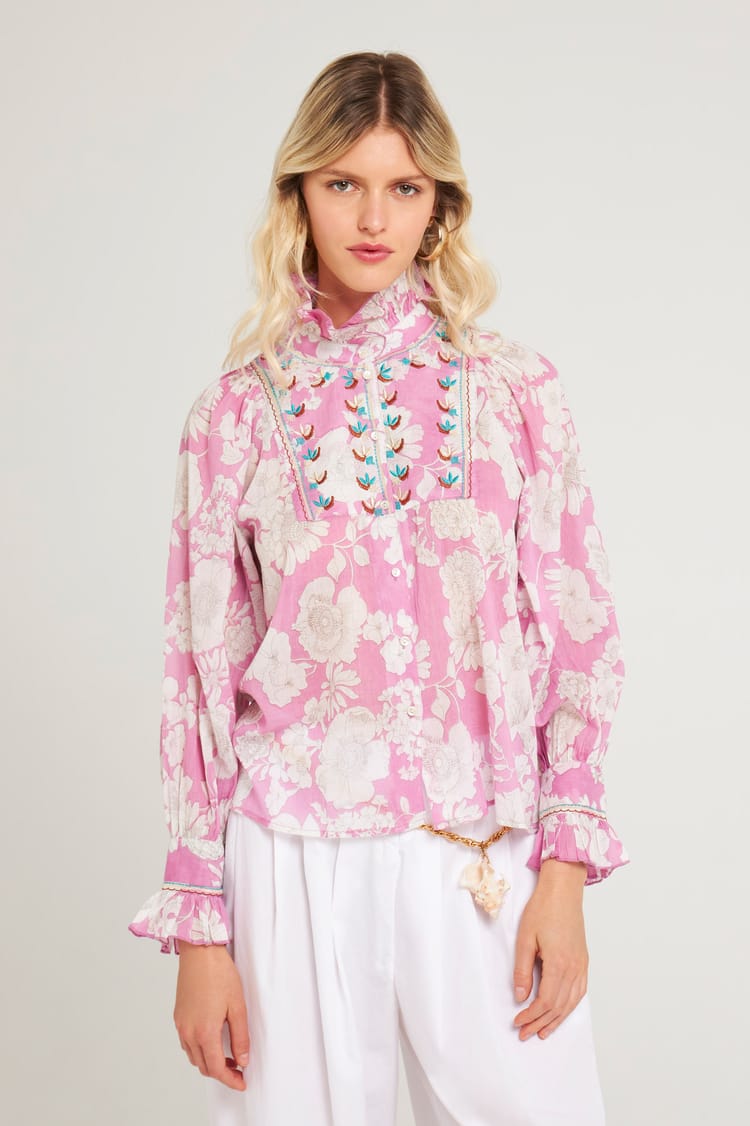 Antik Batik Chemisier Rose à Plastron Brodé Et Imprimé En Voile De Coton