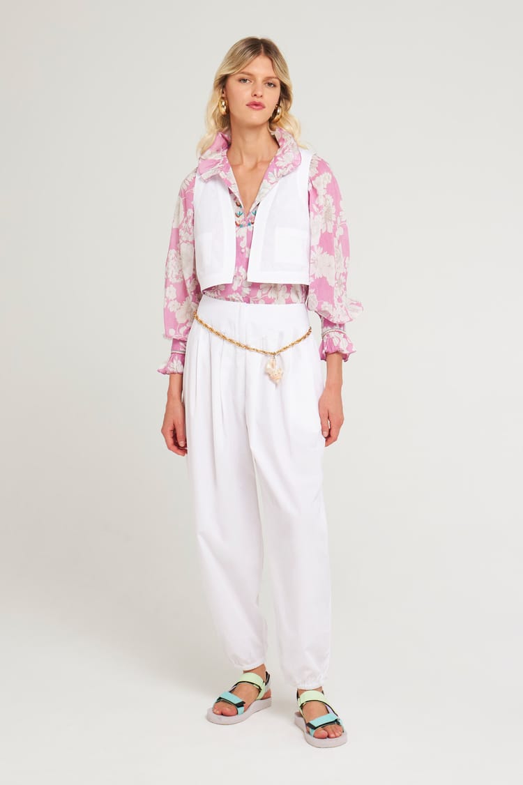 Antik Batik Chemisier Rose à Plastron Brodé Et Imprimé En Voile De Coton