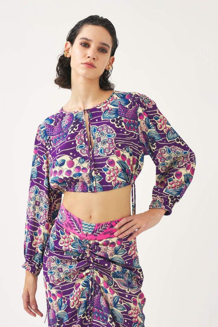 antik batik Crop top en crêpe de viscose imprimé violet et rose
